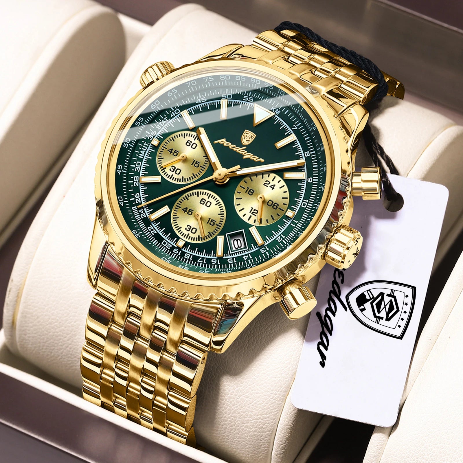 POEDAGAR Luxury Watches For Man Date Chronograph - 960 Gold Green