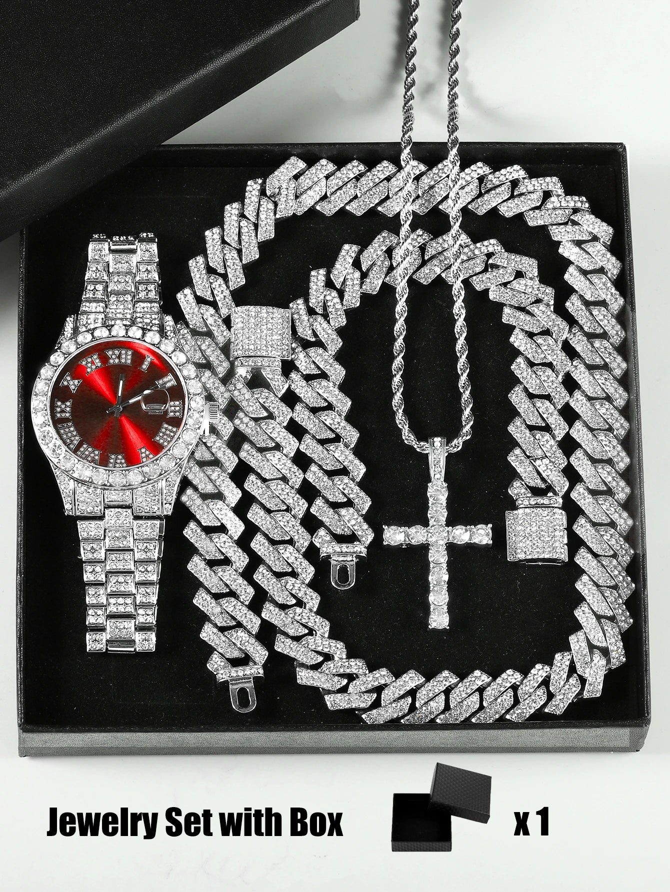 Quartz Watch Set Gift Box Cuban Necklace Bracelet - Red  Set / 50cm