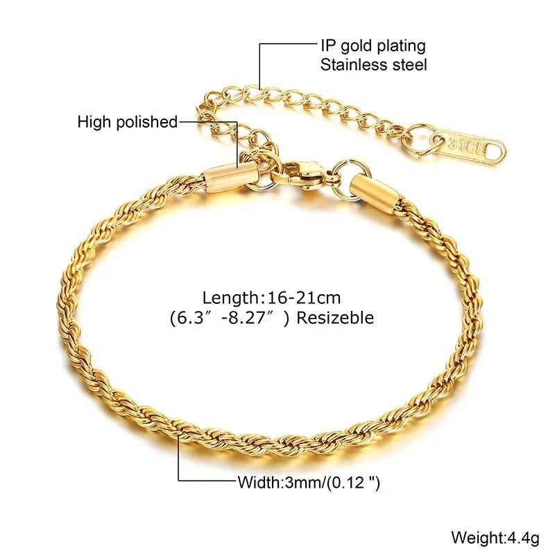 2-5MM Stainless Steel Rope Bracelets for Boys,Adju
