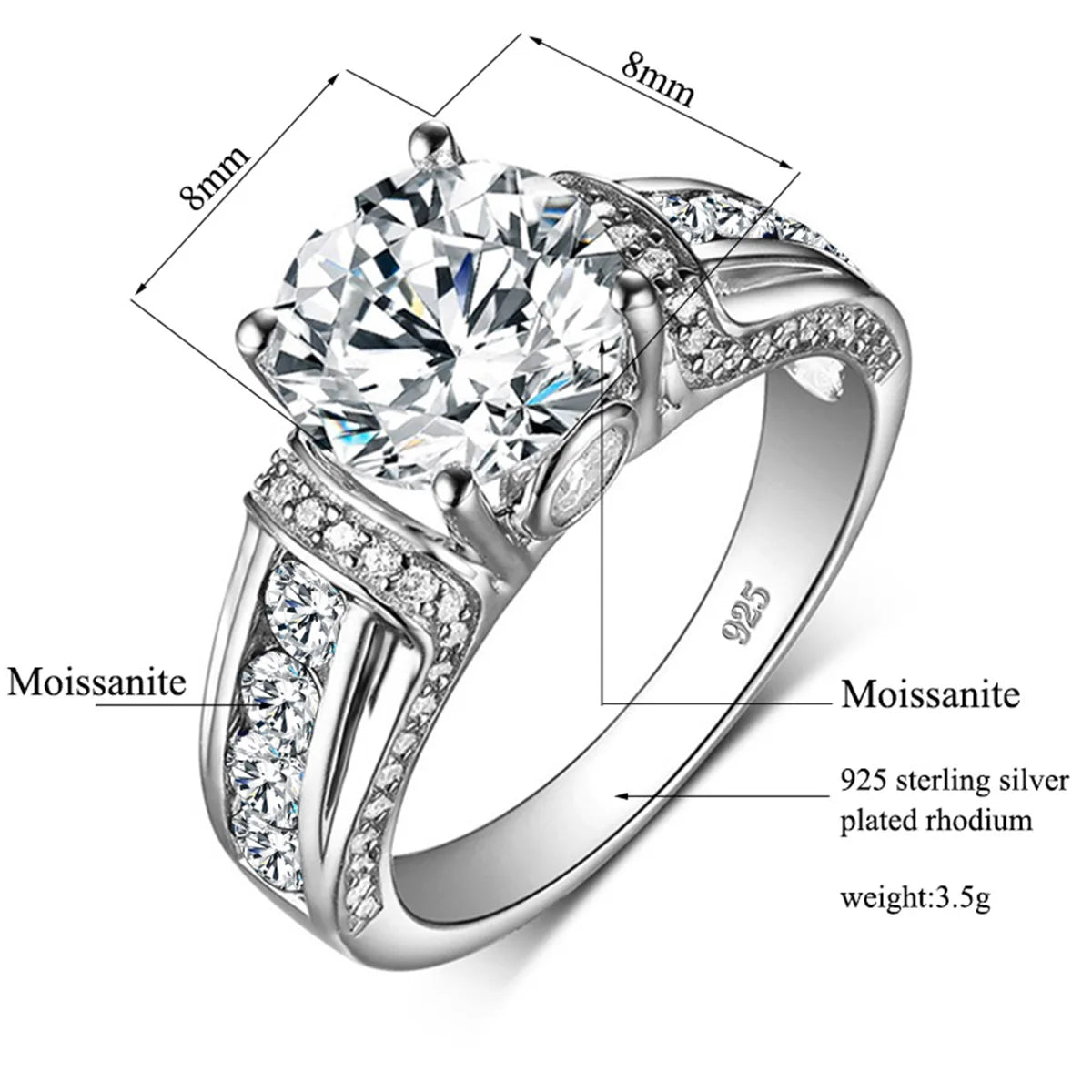 Certified D Color VVS1 2ct Moissanite Diamond Ring - 925 Sterling Silver / All moissanites 1 / 13, 925 Sterling Silver / All moissanites 1 / 9, 925 Sterling Silver / All moissanites 1 / 10, 925 Sterling Silver / All moissanites 1 / 11, 925 Sterling Silver / All moissanites 1 / 12, 925 Sterling Silver / All moissanites 1 / 5, 925 Sterling Silver / All moissanites 1 / 6, 925 Sterling Silver / All moissanites 1 / 7, 925 Sterling Silver / All moissanites 1 / 8