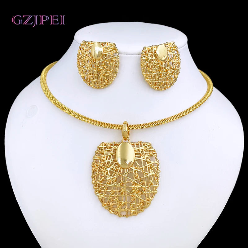 Gold Color Necklace Earrings Set For Women Unique - Gold Color