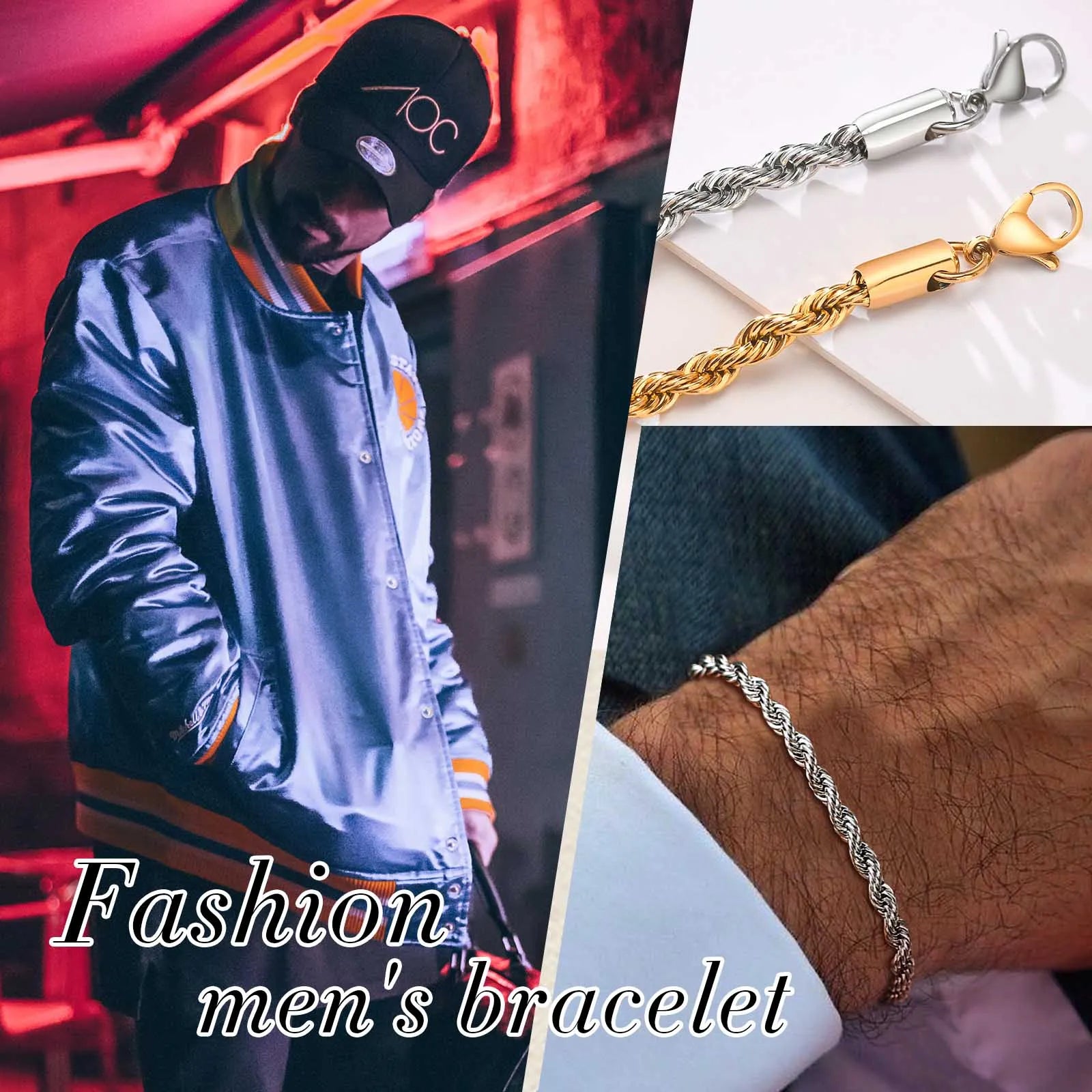 2-5MM Stainless Steel Rope Bracelets for Boys,Adju