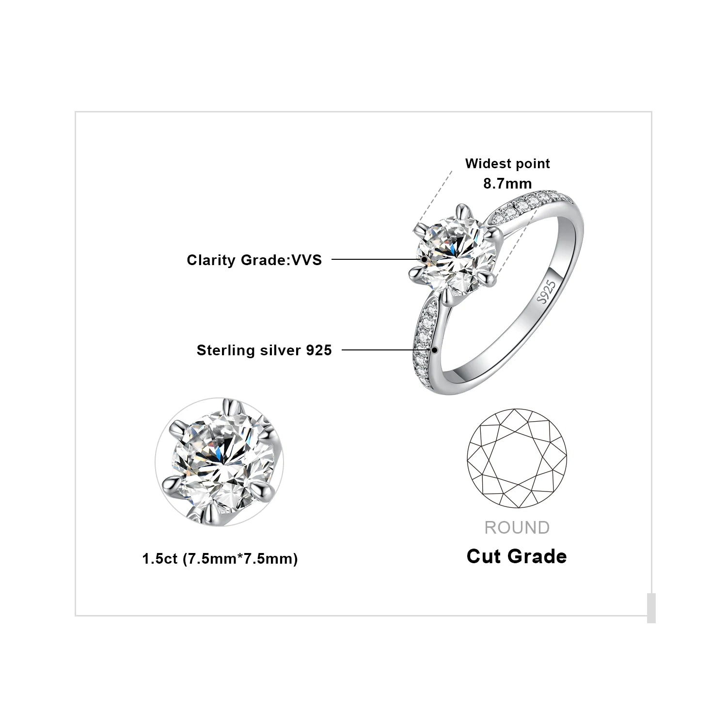 JewelryPalace Moissanite D Color 0.5ct 1ct 1.5ct 2ct - GRA Certificate / 1.5ct Silver Color / 6, GRA Certificate / 1.5ct Silver Color / 5, GRA Certificate / 1.5ct Silver Color / 8, GRA Certificate / 1.5ct Silver Color / 7, GRA Certificate / 1.5ct Silver Color / 10, GRA Certificate / 1.5ct Silver Color / 9