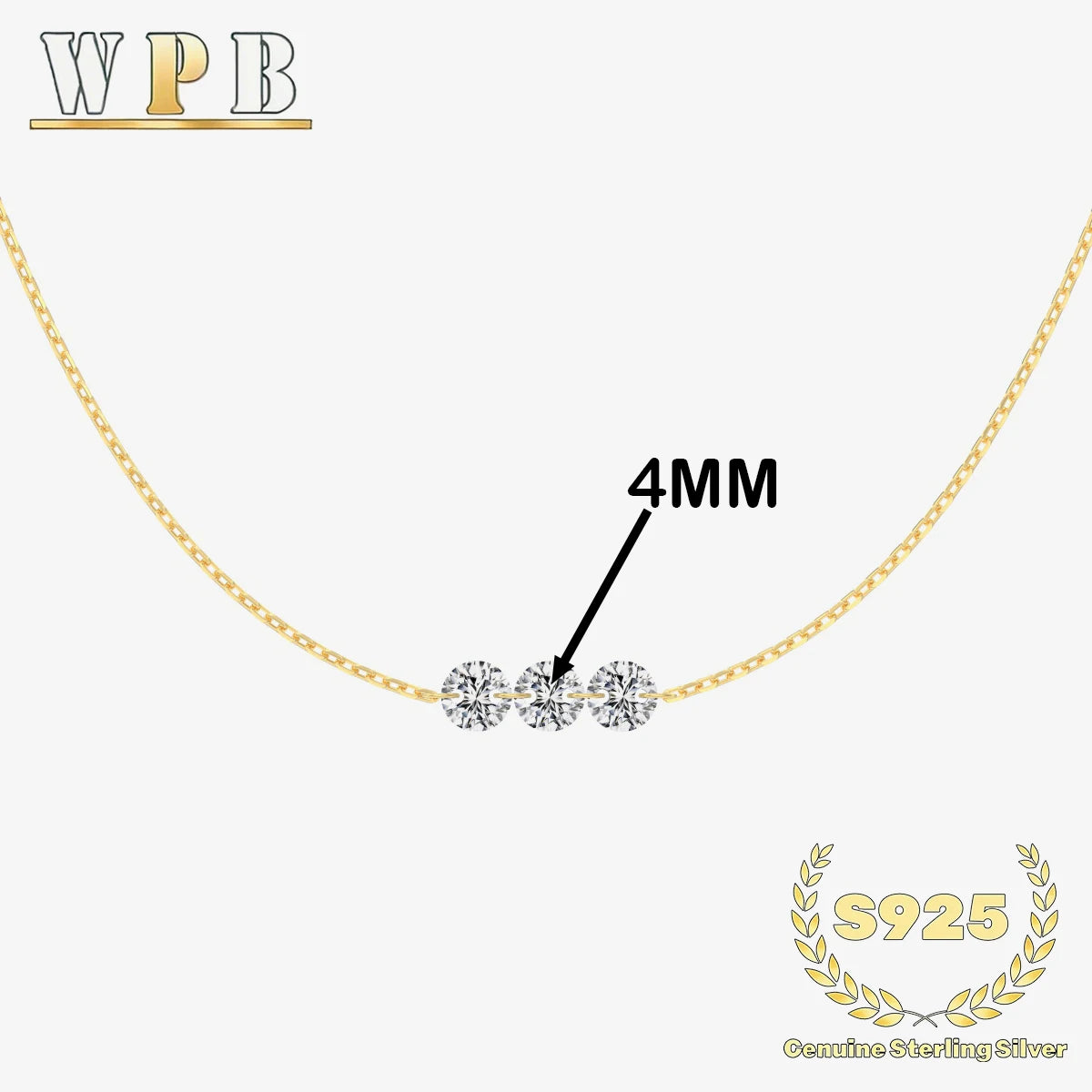 Genuine S925 Silver 3 Sparkling Zircon Necklace Dainty - DY191196-G-4MM / 45cm