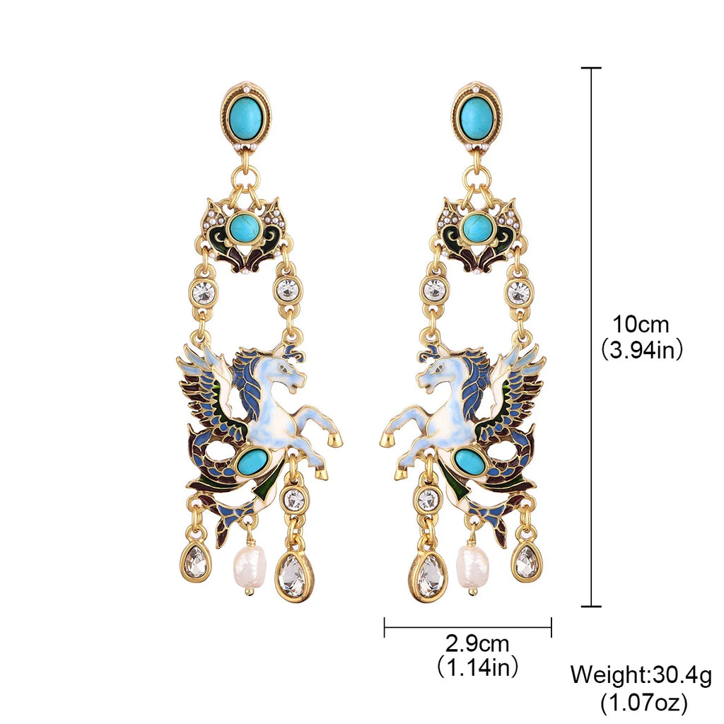 Vintage Enamel Pegasus Drop Earrings for Women -