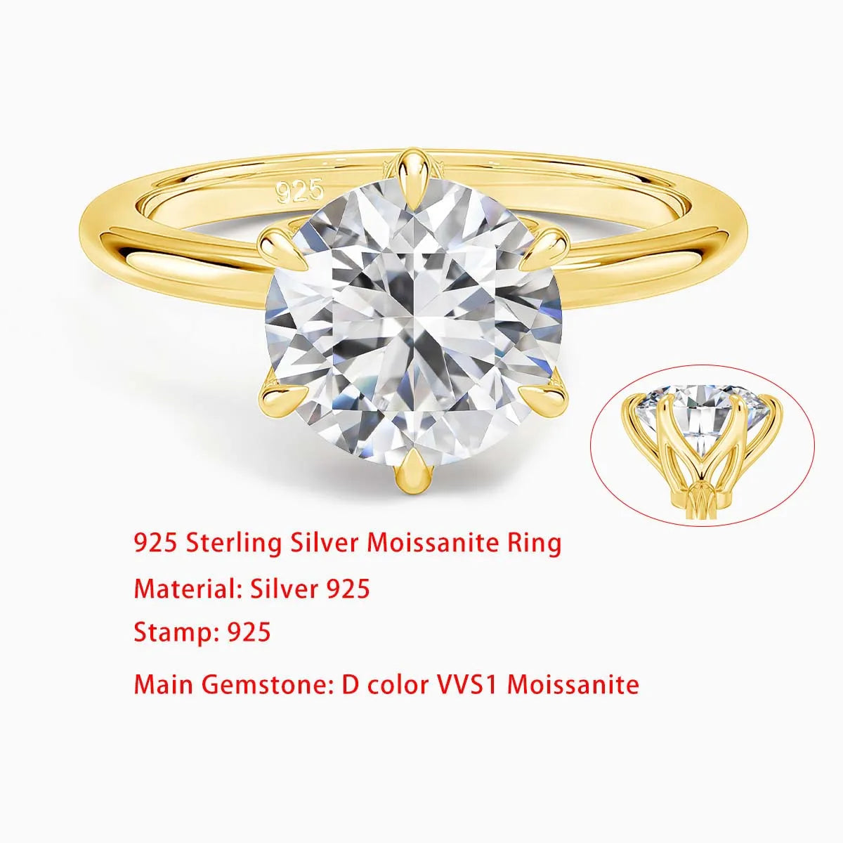 Sdoou Real Gold 14K 6 Prongs Round 1-3ct Moissanit