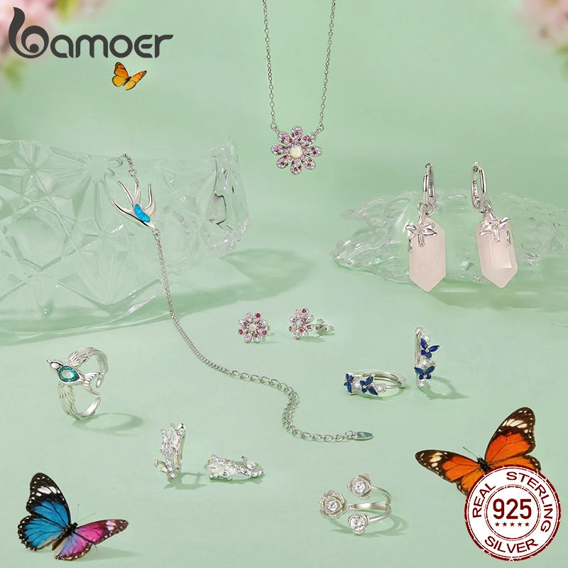 Bamoer 925 Sterling Silver Pink Natural Crystal