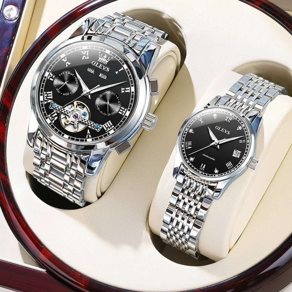 OLEVS 6607+6602 Original Men Women Watch Luxury Brand - Silver Black / United States, Silver Black / China Mainland