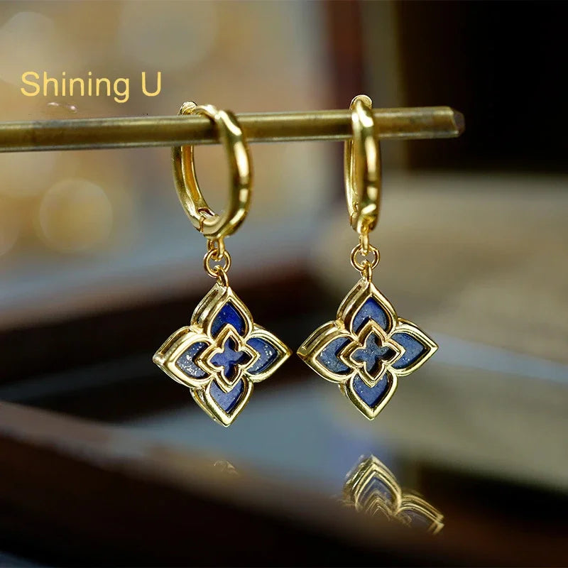 Shining U S925 Silver Lapis Lazuli Clover Jewelry Set - Drop earrings / gold