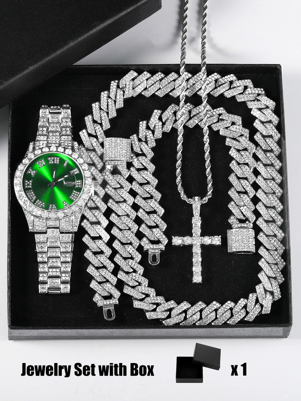 Quartz Watch Set Gift Box Cuban Necklace Bracelet - Green  Set / 50cm