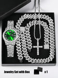 Quartz Watch Set Gift Box Cuban Necklace Bracelet - Green  Set / 50cm