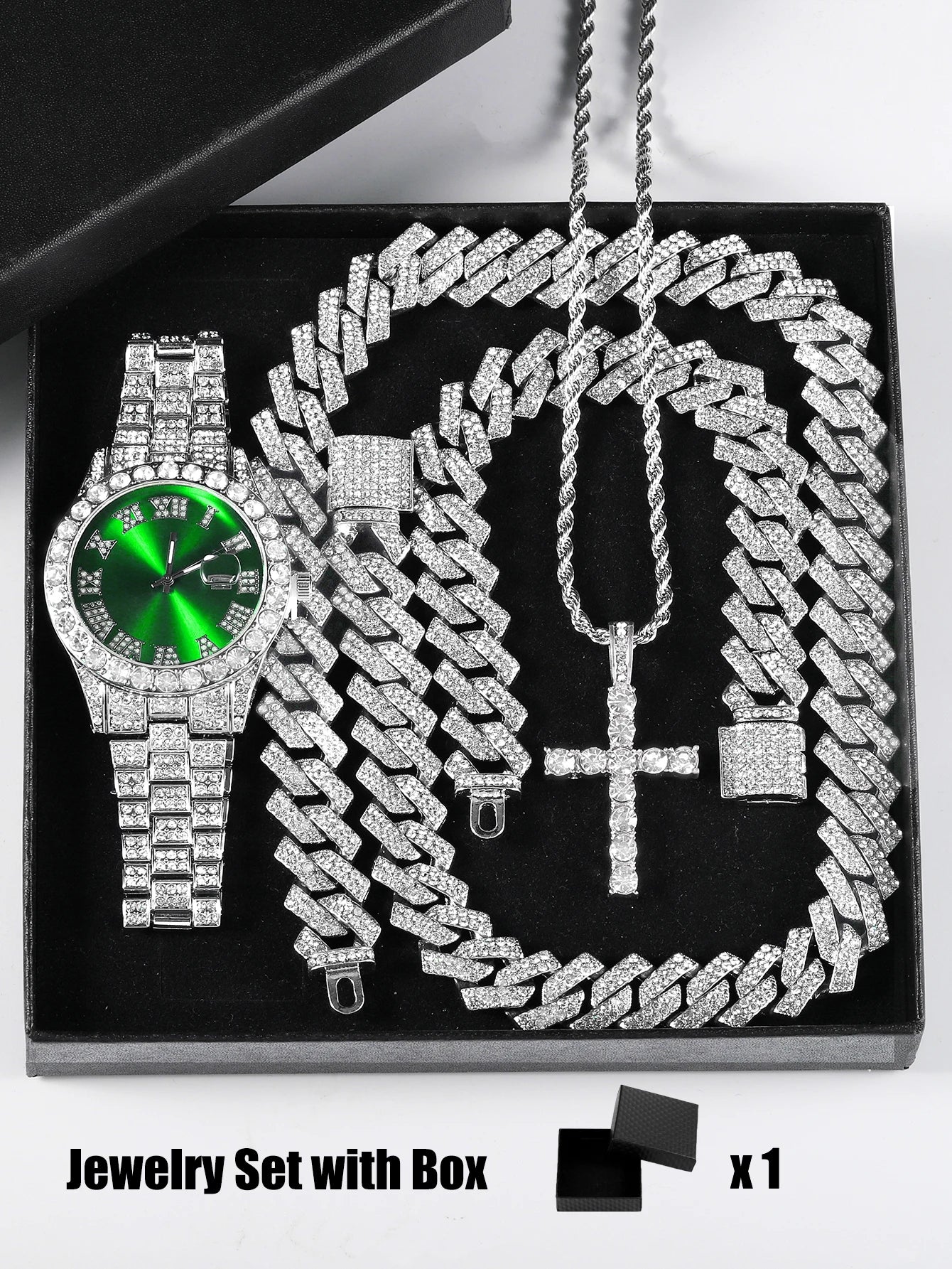 Quartz Watch Set Gift Box Cuban Necklace Bracelet - Green  Set / 50cm