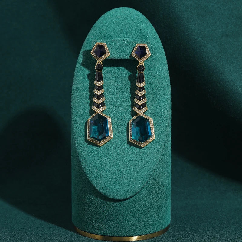 Vintage Long Blue Crystal Drop Earring Gold Color