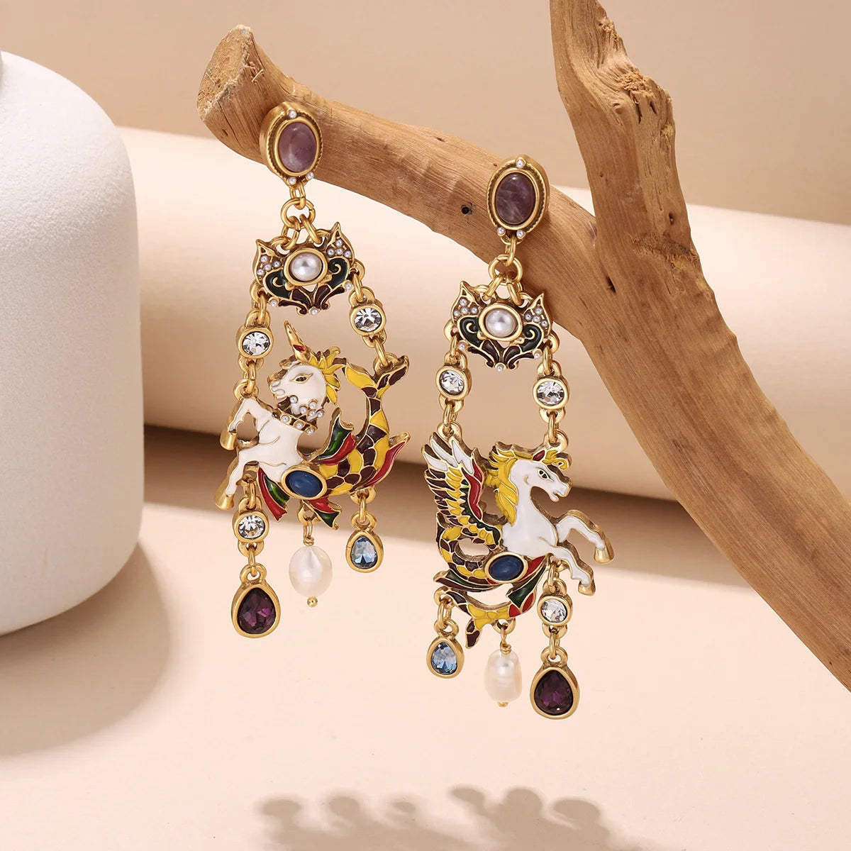 Vintage Enamel Pegasus Drop Earrings for Women -