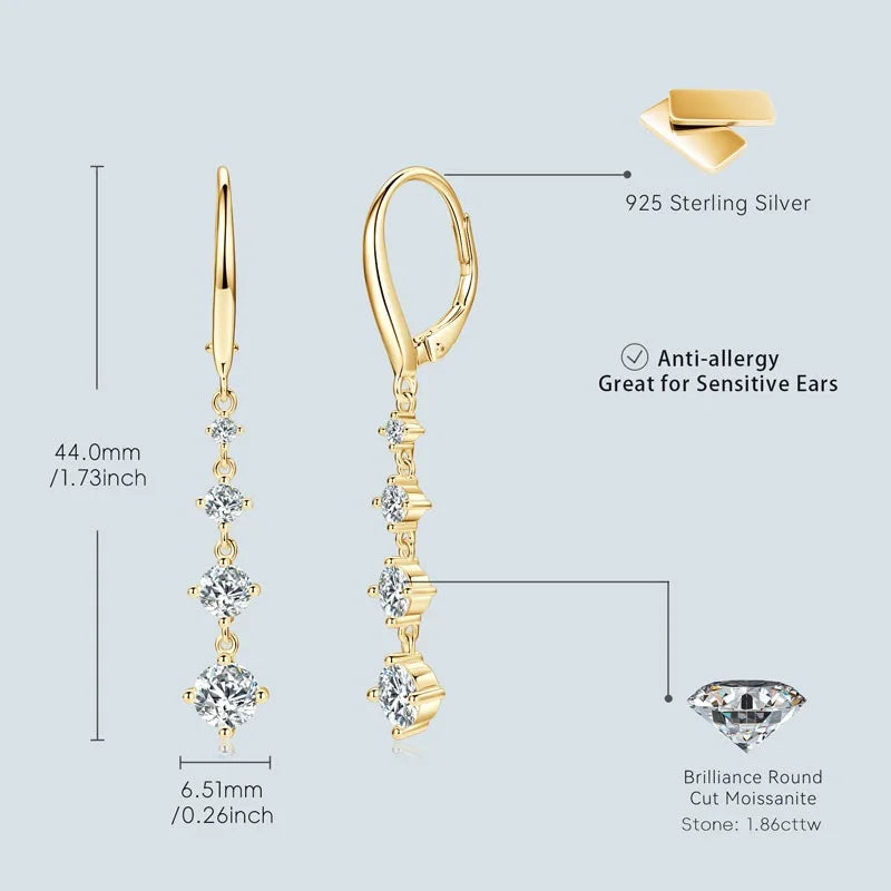 Anziw 42mm Long Dangle D Moissanite Drop Earrings for - 4 Stones-Gold Color