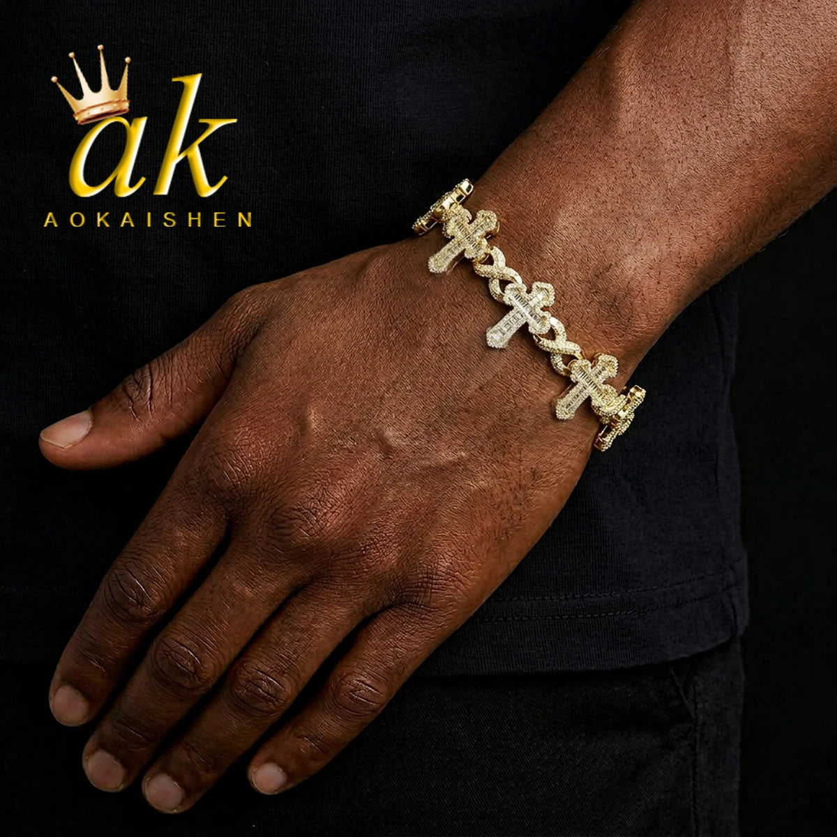 Aokaishen Iced Out Infinity Baguette Cross Link - Gold Color / China Mainland / 7inch, Silver Color / China Mainland / 7inch, Silver Color / China Mainland / 8inch, Gold Color / China Mainland / 8inch, Gold Color / China Mainland / 9inch, Silver Color / China Mainland / 9inch