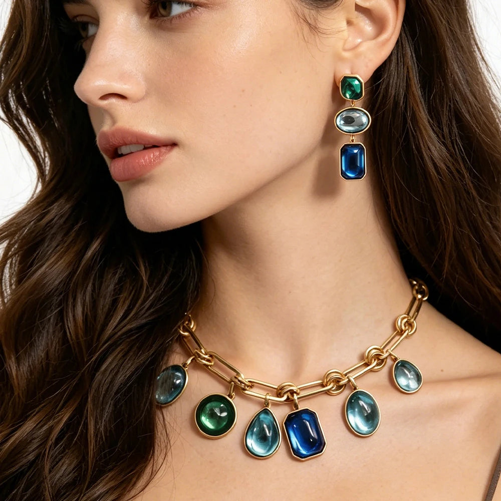 Multi Color Blue And Green Crystal Jewelry Set Gold