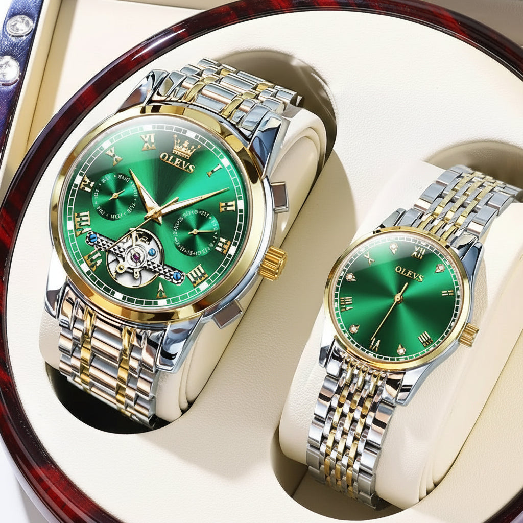 OLEVS 6607+6602 Original Men Women Watch Luxury Brand - Silver Gold Green / United States, Silver Gold Green / China Mainland
