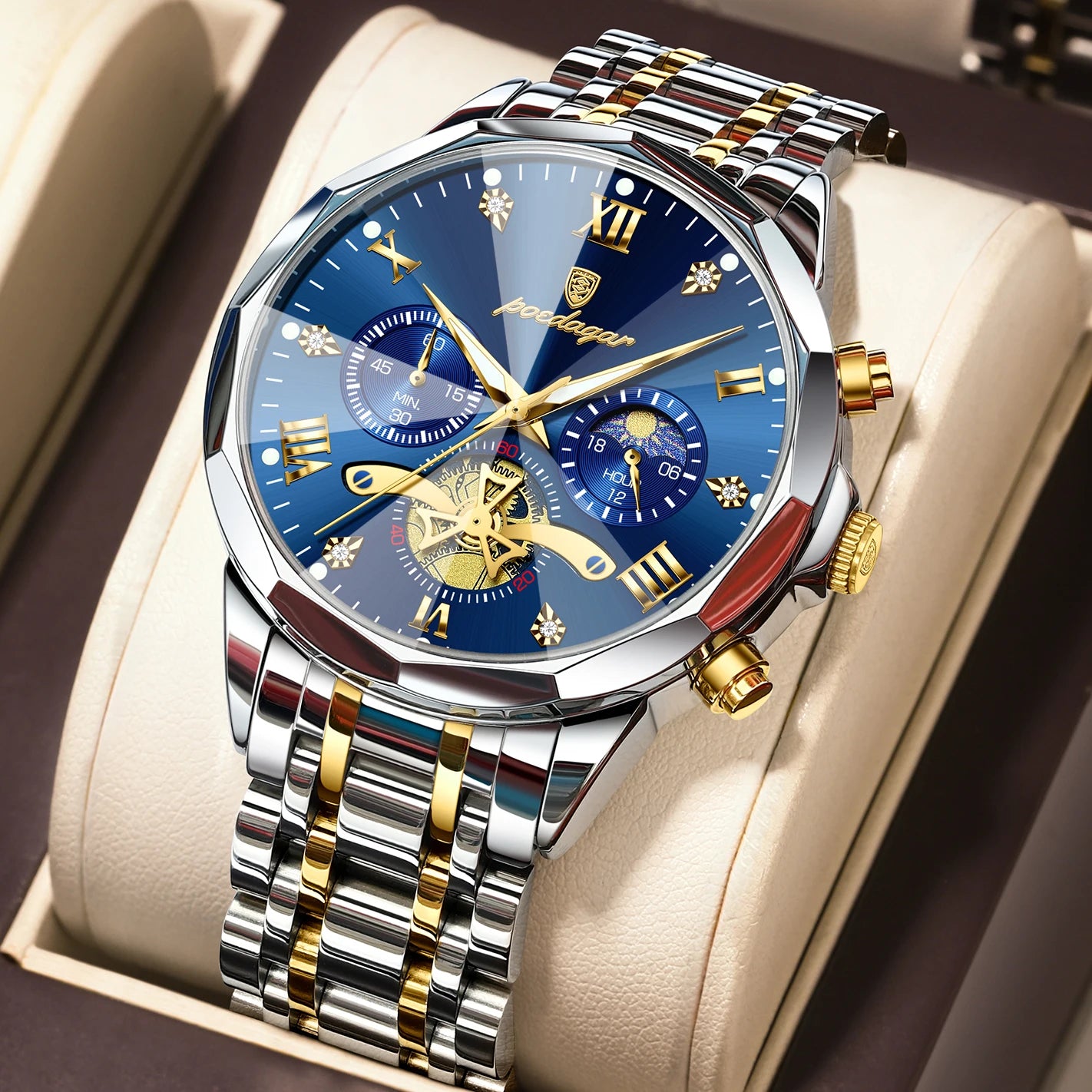 POEDAGAR Luxury Men Clock Waterproof Luminous - 938 Gold Blue / China Mainland
