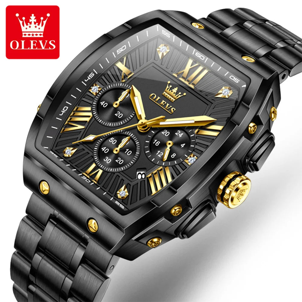 OLEVS New Design Tonneau Watch Men Luminous Waterproof - Black