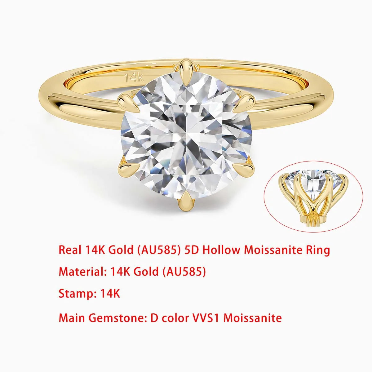 Sdoou Real Gold 14K 6 Prongs Round 1-3ct Moissanit