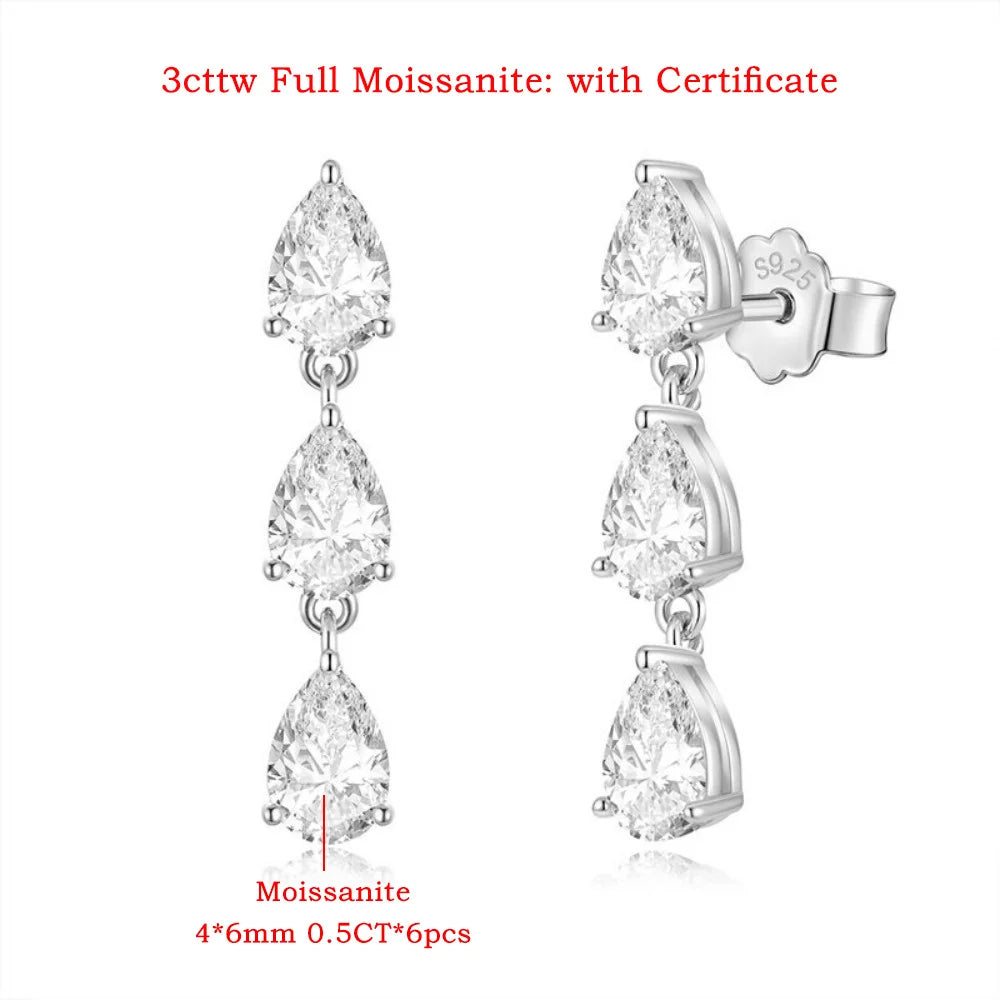 3-Stones Full Moissanite Drop Earring for Women