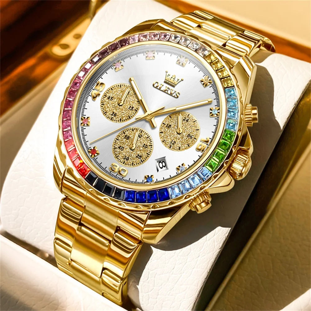 Watch for Men OLEVS Rainbow Gemstone Bezel Business - gold hite