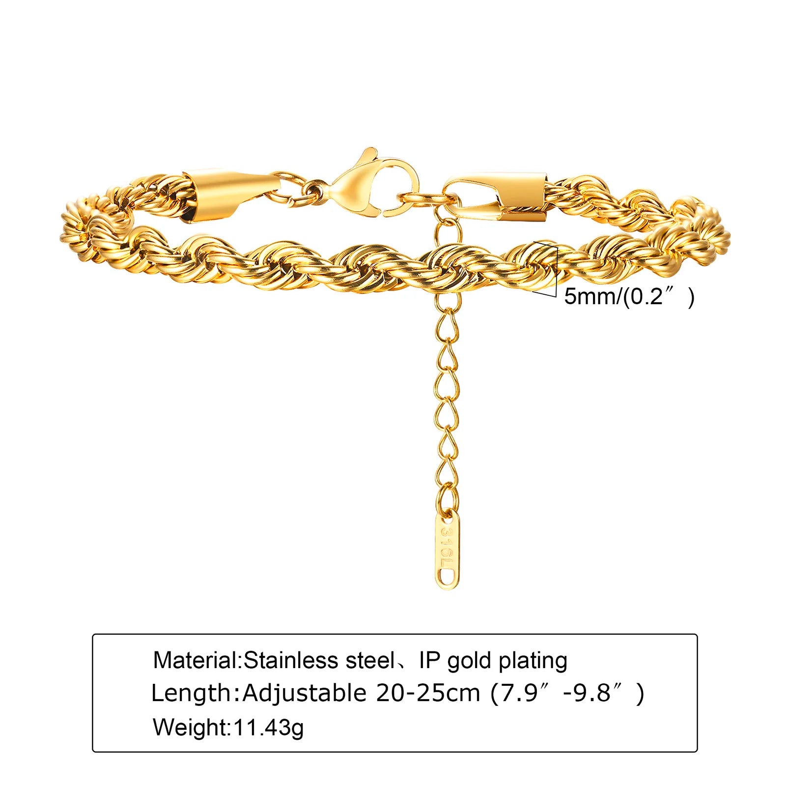 2-5MM Stainless Steel Rope Bracelets for Boys,Adju
