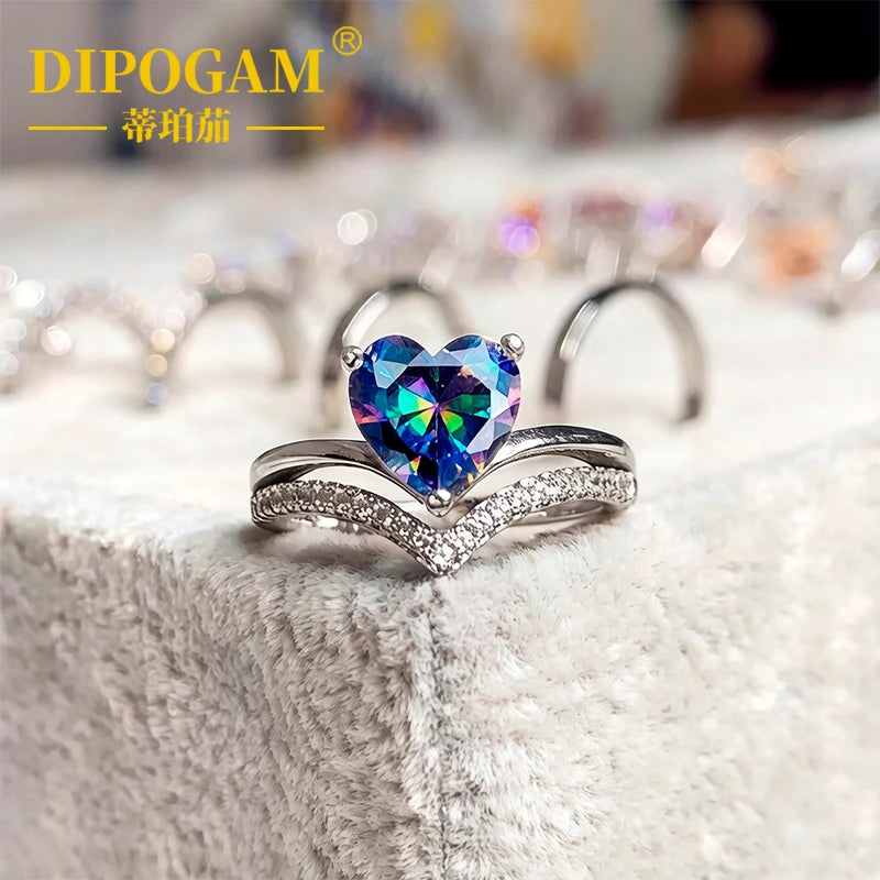 Dipogam 2CT Colorful Heart Moissanite Ring 925