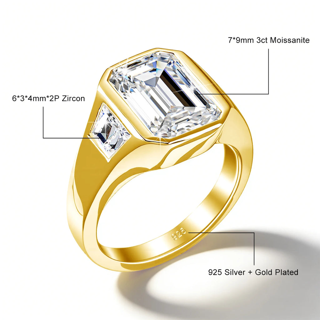 3CT Emerald Cut Moissanite Rings for Men Women D