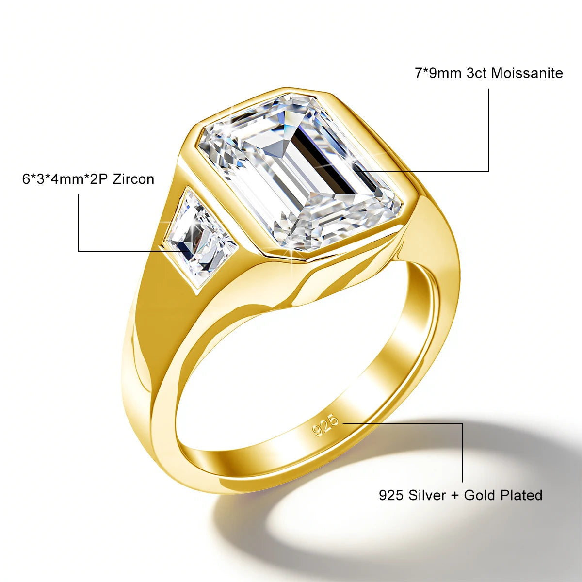 3CT Emerald Cut Moissanite Rings for Men Women D