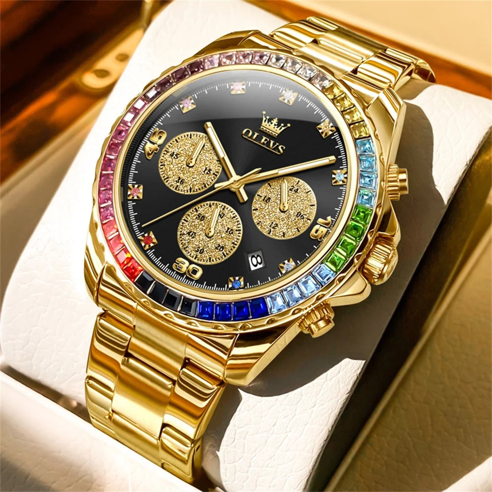 Watch for Men OLEVS Rainbow Gemstone Bezel Business - gold black