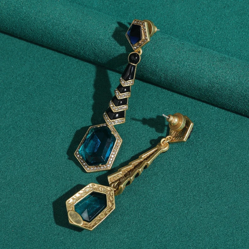 Vintage Long Blue Crystal Drop Earring Gold Color