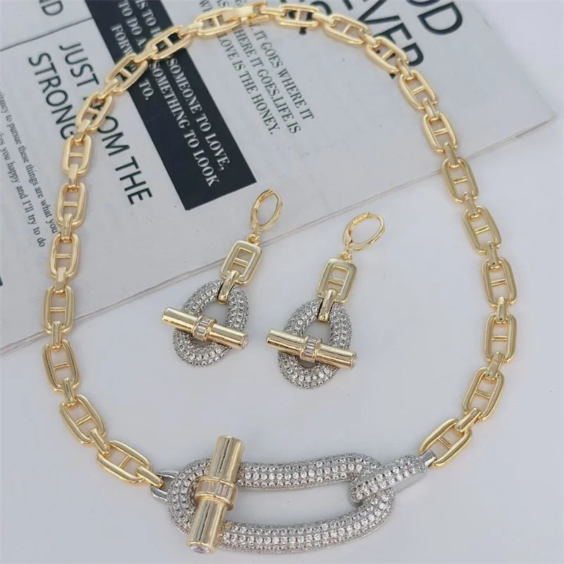 18k Gold Plated Stud Chain Nekelace Earrings Pave - gold set