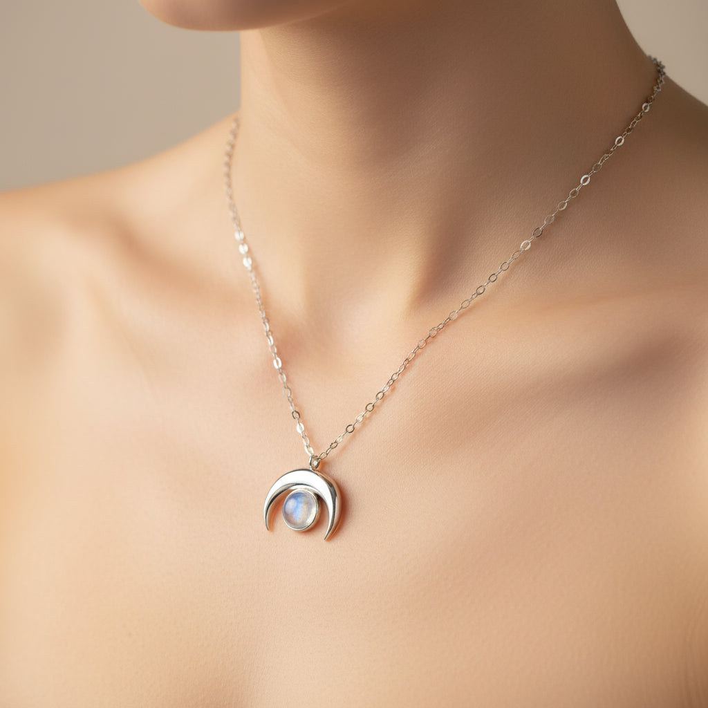 925 Sterling Silver Moon Pendant Necklace Vintage