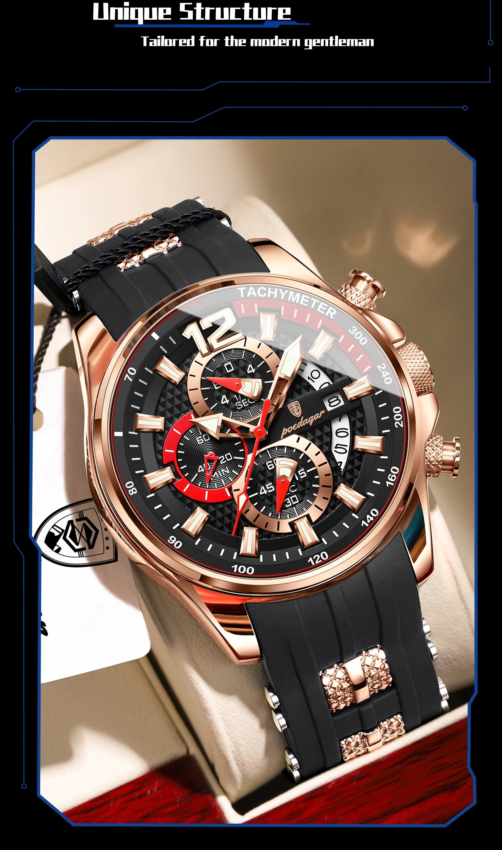 Poedagar Fashion Men Wristwatch Date Chronograph