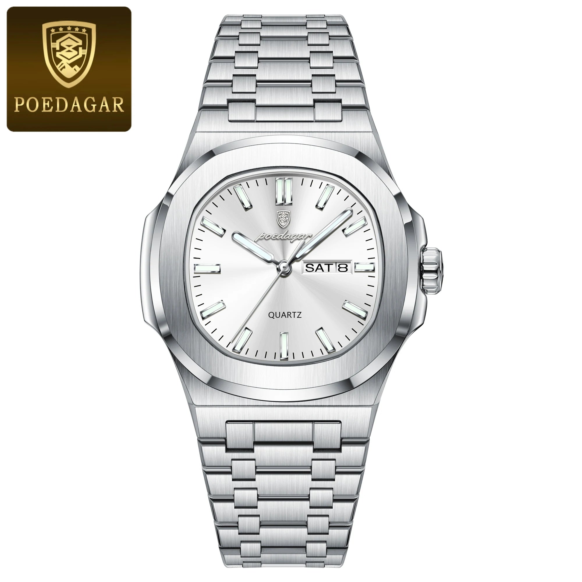 POEDAGAR Luxury Square Men's Watches Waterproof - 853 Silver White