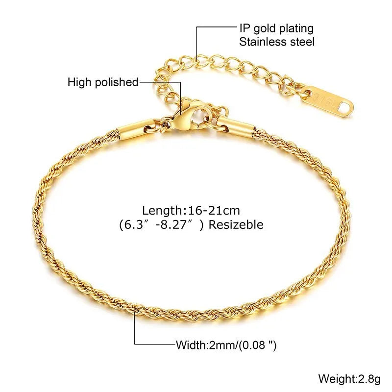 2-5MM Stainless Steel Rope Bracelets for Boys,Adju