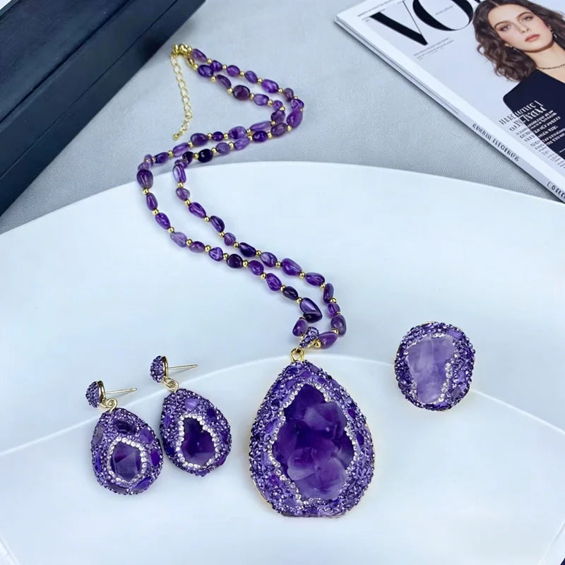 3pcs Jewelry Set Large Raw Amethyst Quartz Crystal