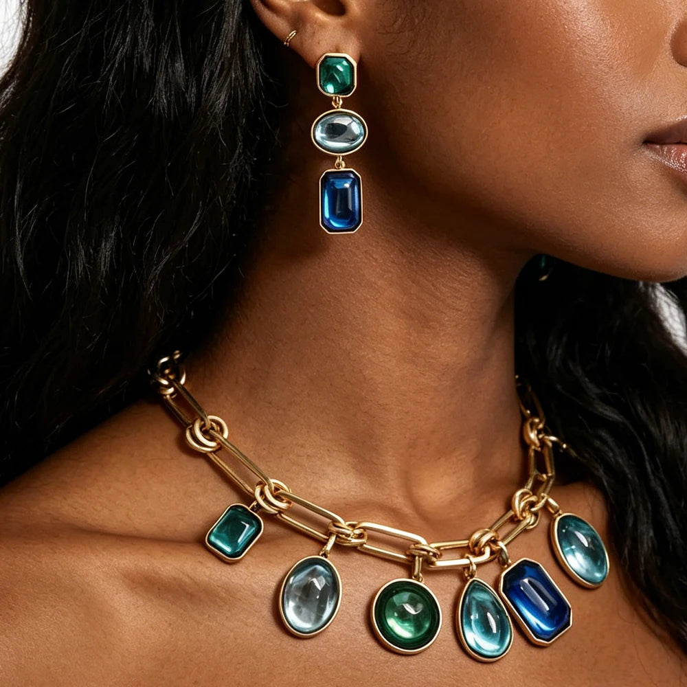 Multi Color Blue And Green Crystal Jewelry Set Gold