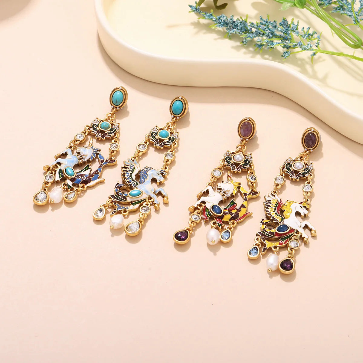 Vintage Enamel Pegasus Drop Earrings for Women -