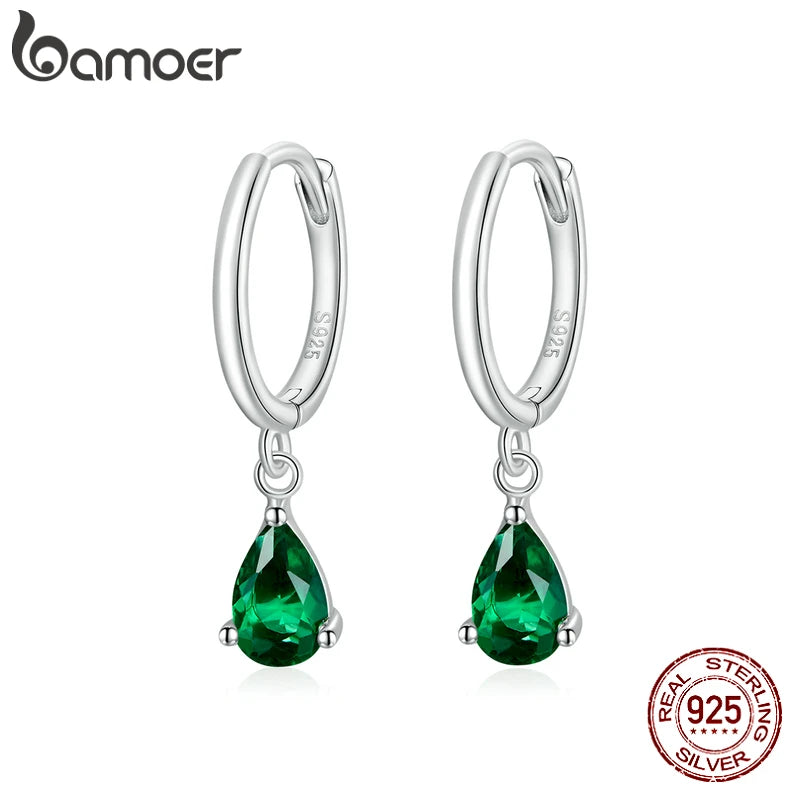 BAMOER Silver ISHWAR Green Water Drop Earrings 925