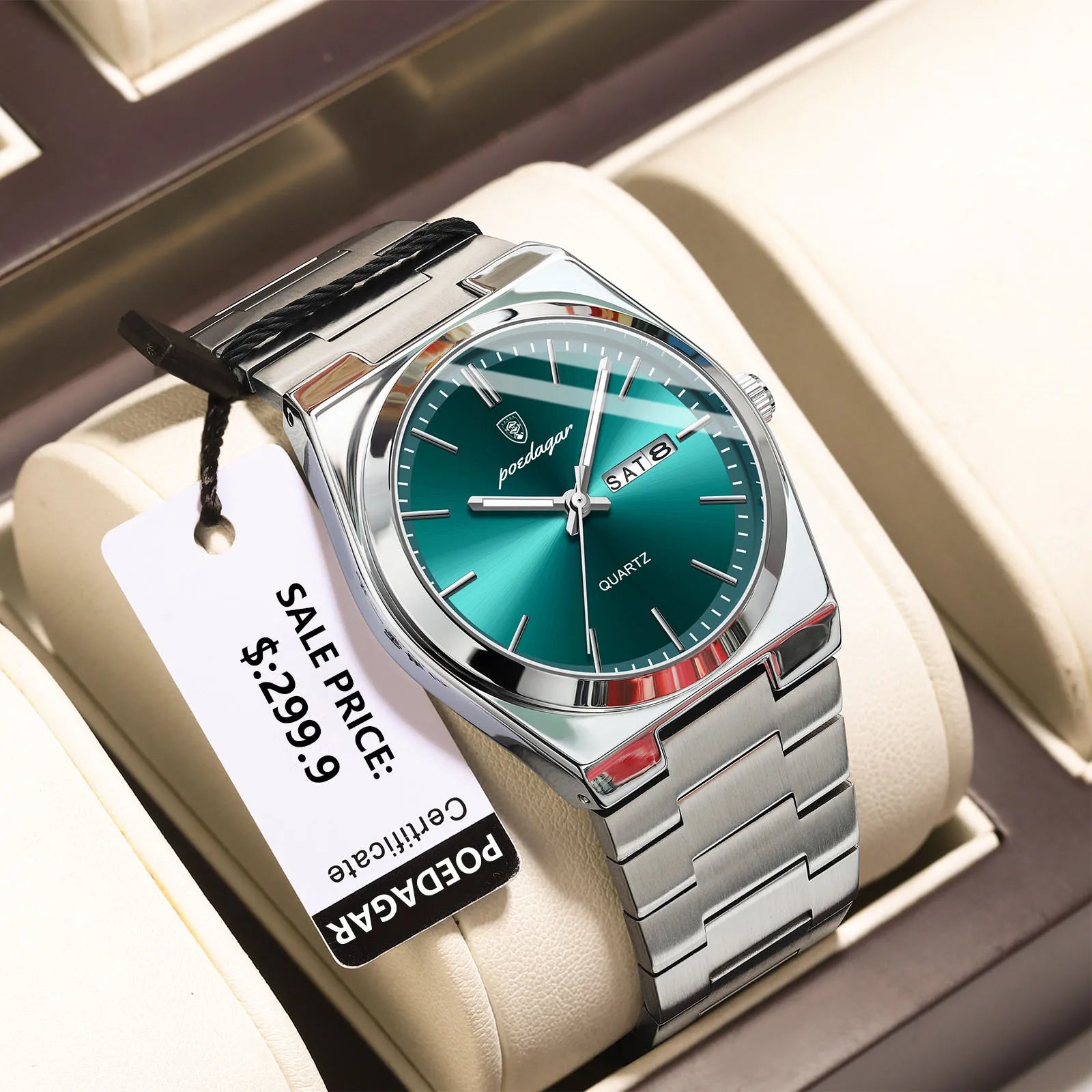 POEDAGAR Luxury Men's Watches Waterproof Luminous Date - 930 Silver Green