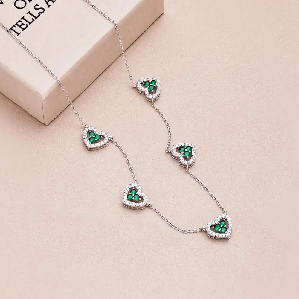 Genuine S925 Sterling Silver Necklace  5-Color Heart - green / 40-45cm
