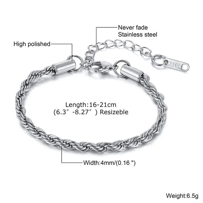 2-5MM Stainless Steel Rope Bracelets for Boys,Adju