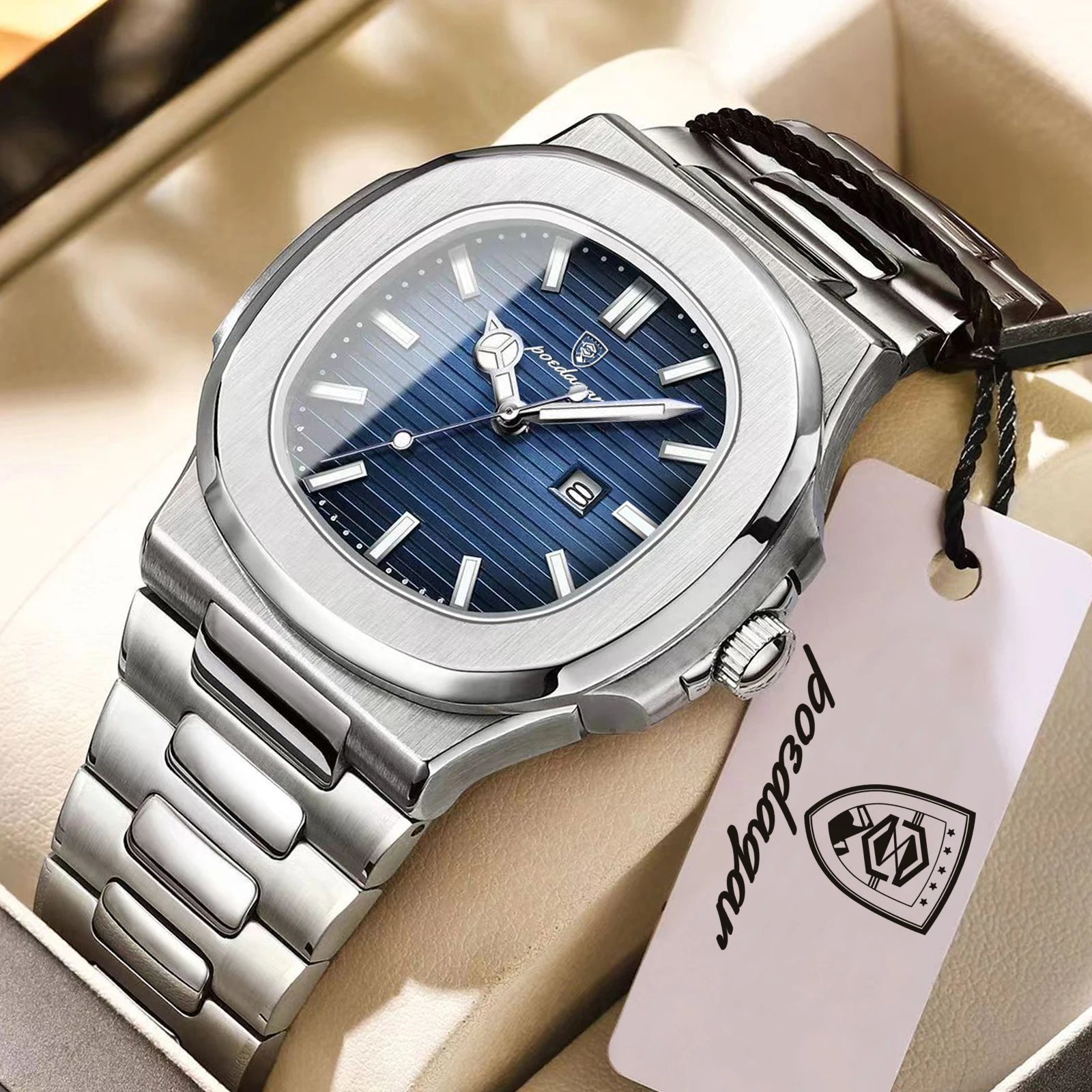 POEDAGAR Luxury Square Men Wristwatch Waterproof - 613 Silver Blue S / United States / No