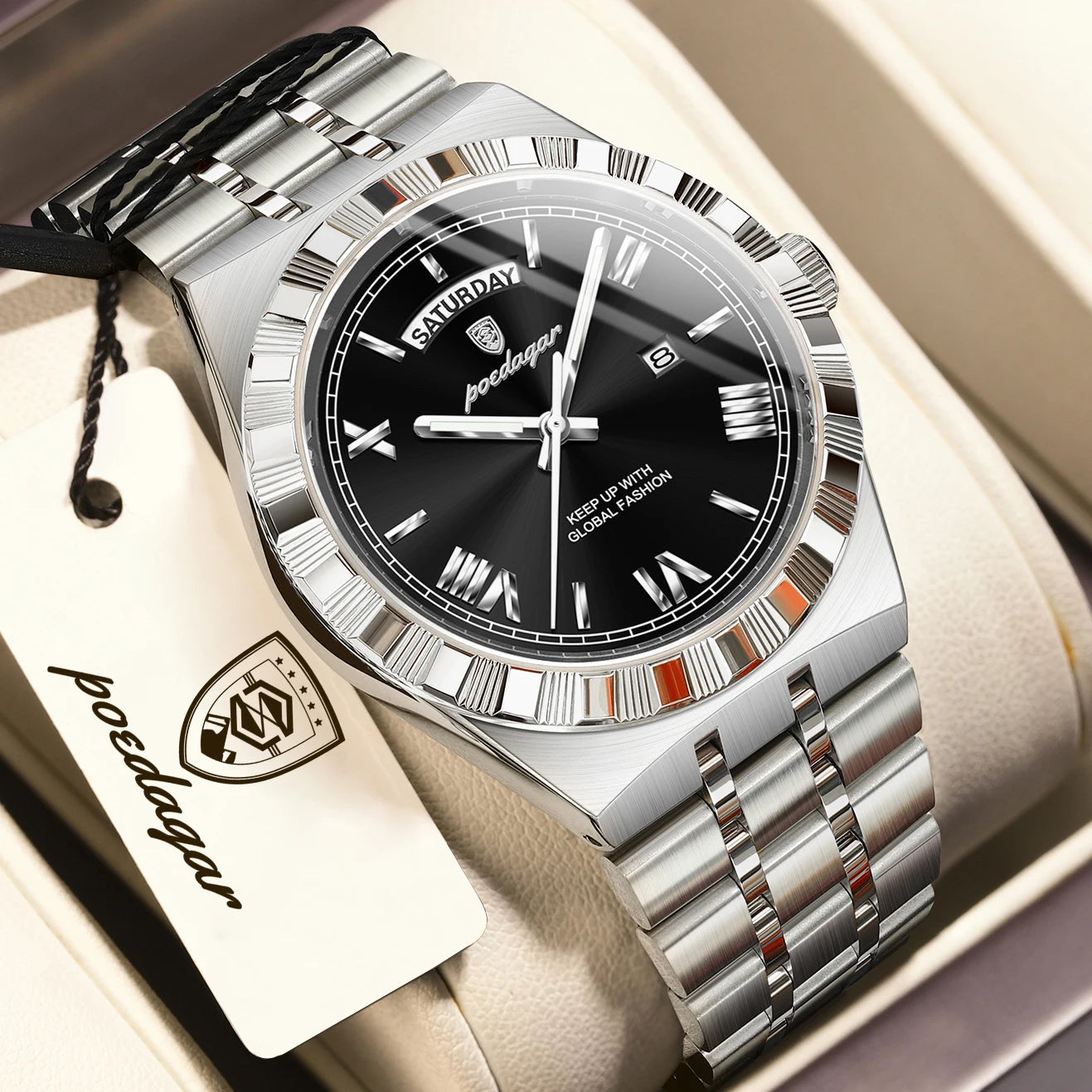 POEDAGAR Fashion Business Men's Watch Luminous - 675 Silver Black / China Mainland