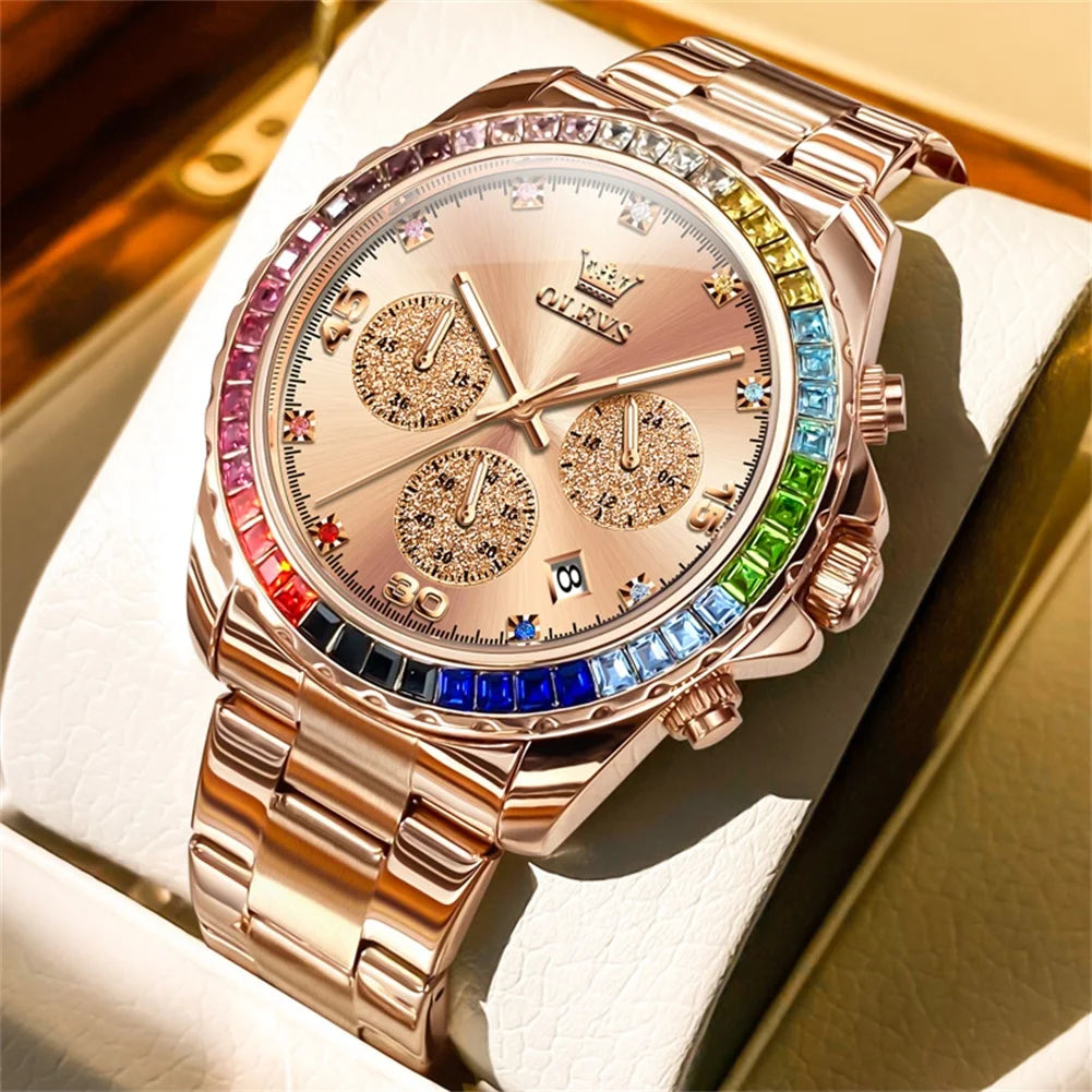 Watch for Men OLEVS Rainbow Gemstone Bezel Business - rose gold