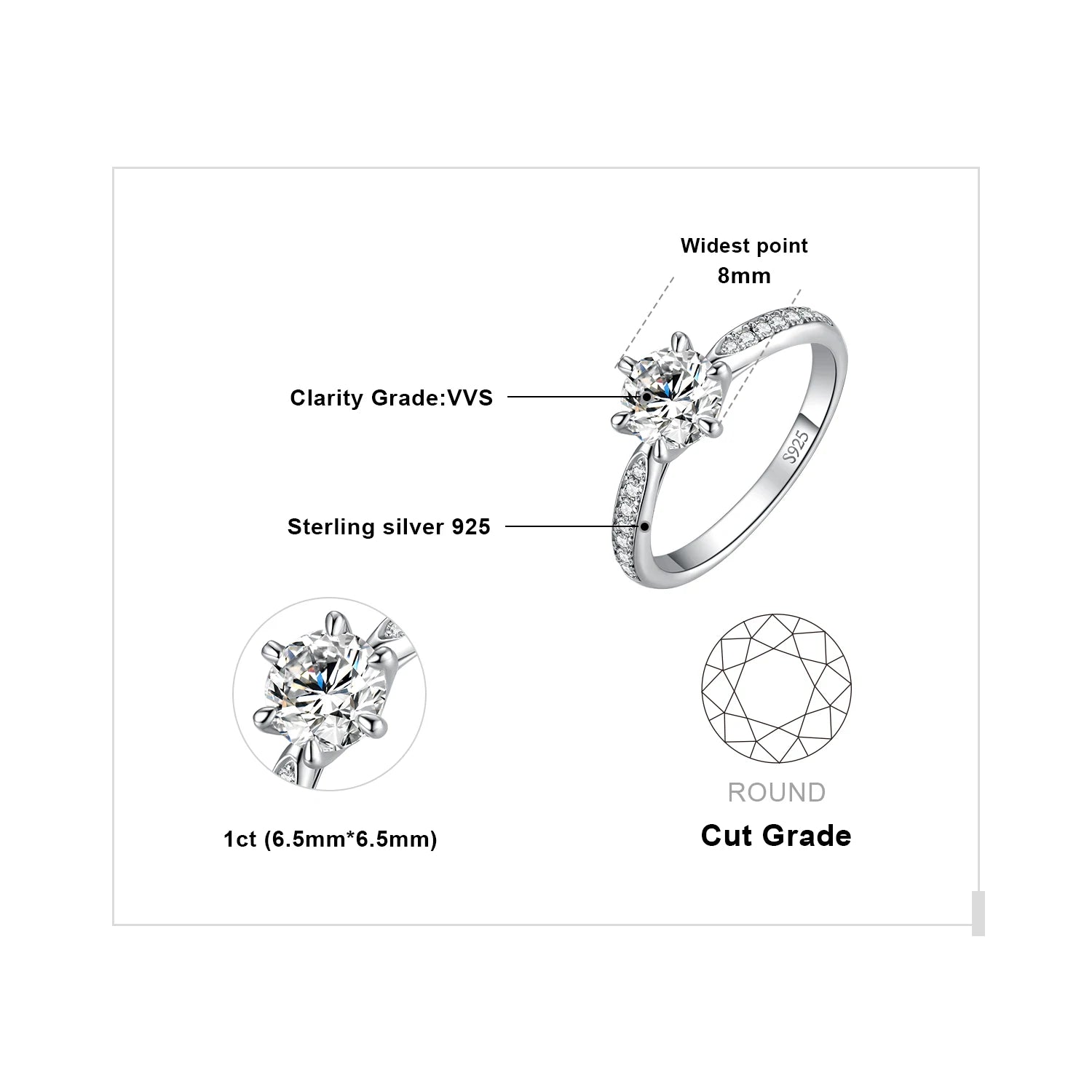 JewelryPalace Moissanite D Color 0.5ct 1ct 1.5ct 2ct - GRA Certificate / 1ct Silver Color / 8, GRA Certificate / 1ct Silver Color / 7, GRA Certificate / 1ct Silver Color / 10, GRA Certificate / 1ct Silver Color / 9, GRA Certificate / 1ct Silver Color / 6, GRA Certificate / 1ct Silver Color / 5