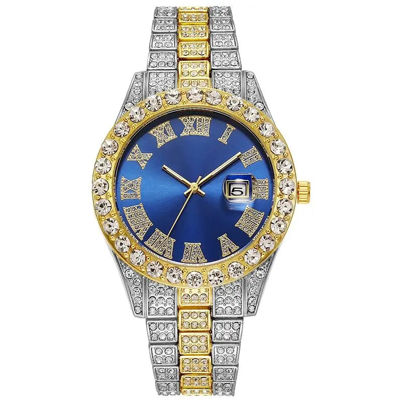 Luxury Classic Golden Men's Steel Strap Roman Scale - silver blue / CN